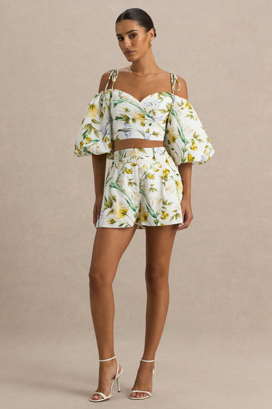 Pixel | Pantalones cortos de lino con estampado floral en blanco