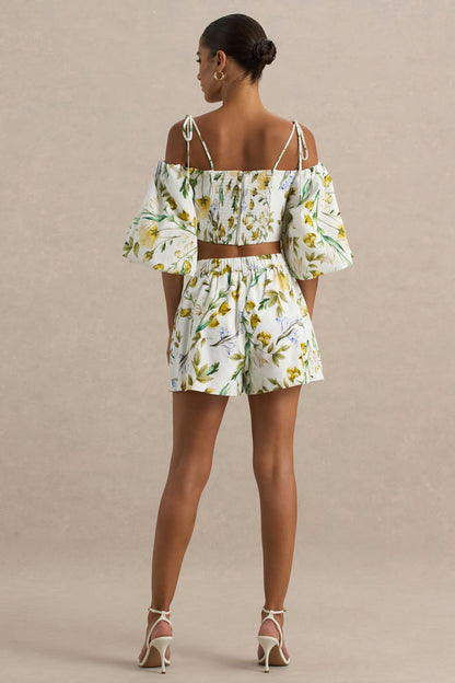 Pixel | Pantalones cortos de lino con estampado floral en blanco