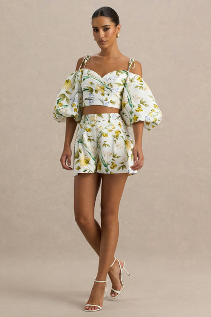 Pixel | Pantalones cortos de lino con estampado floral en blanco