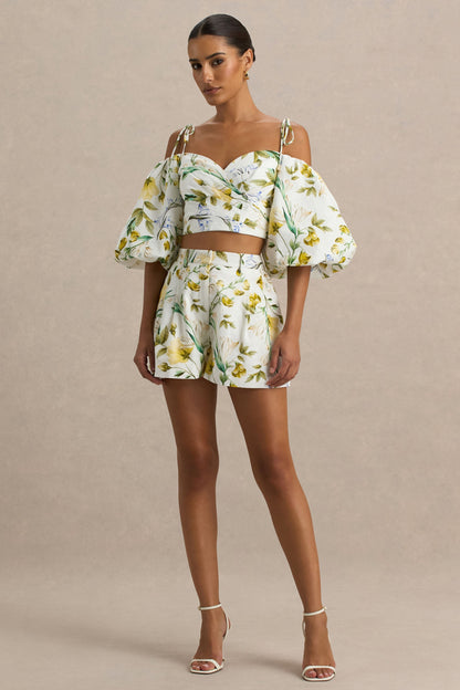 Pixel | Pantalones cortos de lino con estampado floral en blanco