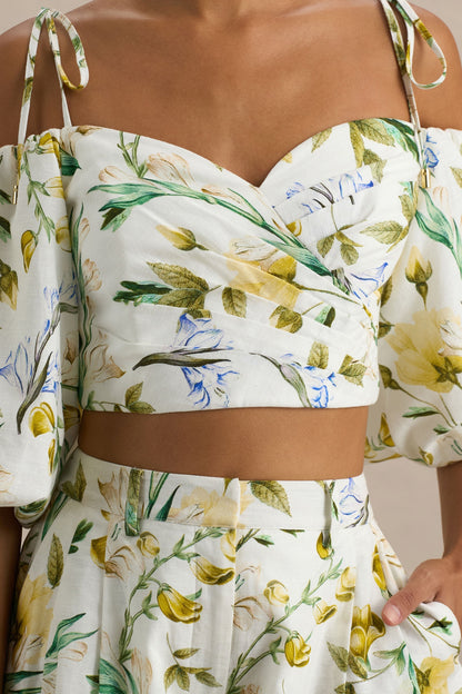 Pixel | Pantalones cortos de lino con estampado floral en blanco