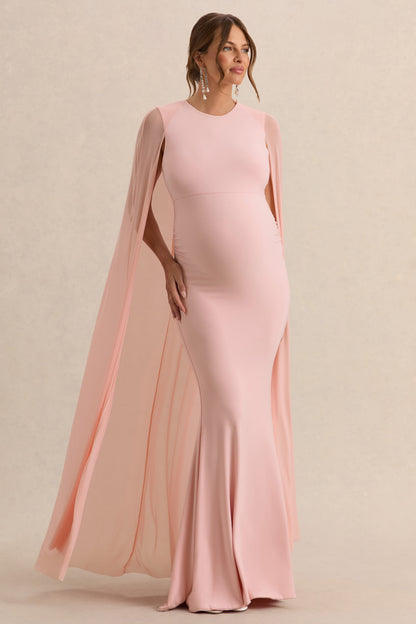 Currant | Vestido largo premamá en rosa claro con detalle de capa de malla