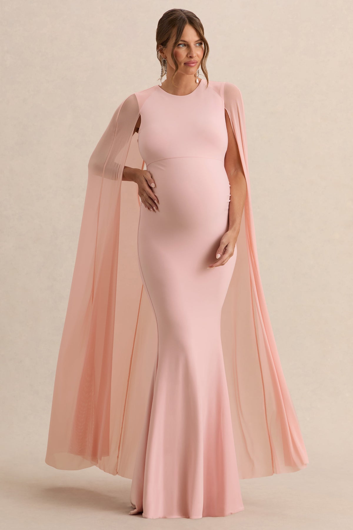 Currant | Vestido largo premamá en rosa claro con detalle de capa de malla