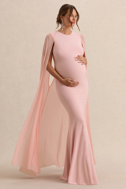 Currant | Vestido largo premamá en rosa claro con detalle de capa de malla