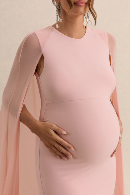 Currant | Vestido largo premamá en rosa claro con detalle de capa de malla