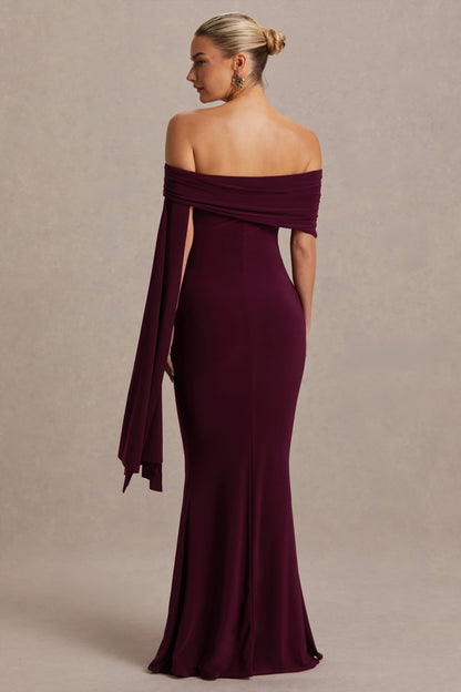 Aquila | Vestido Largo premamá burdeos con escote Bardot y manga drapeada