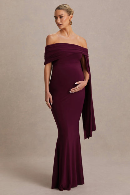 Aquila | Vestido Largo premamá burdeos con escote Bardot y manga drapeada