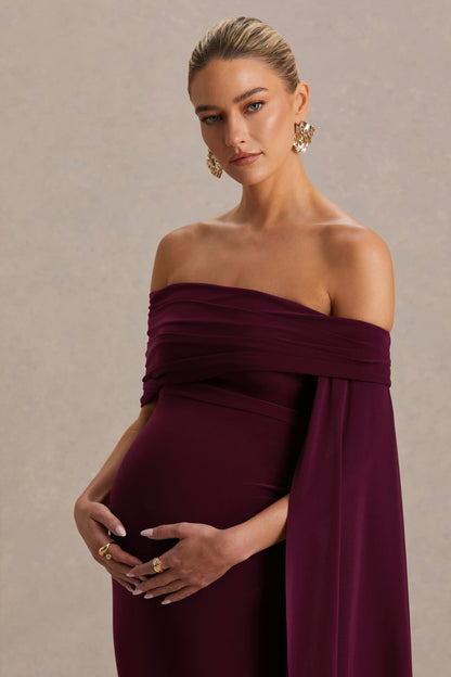 Aquila | Vestido Largo premamá burdeos con escote Bardot y manga drapeada
