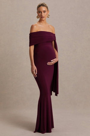 Aquila | Vestido Largo premamá burdeos con escote Bardot y manga drapeada