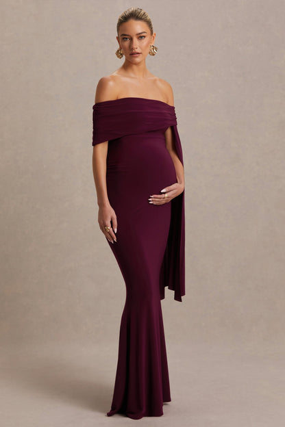Aquila | Vestido Largo premamá burdeos con escote Bardot y manga drapeada