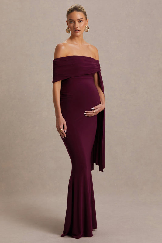 Aquila | Vestido Largo premamá burdeos con escote Bardot y manga drapeada