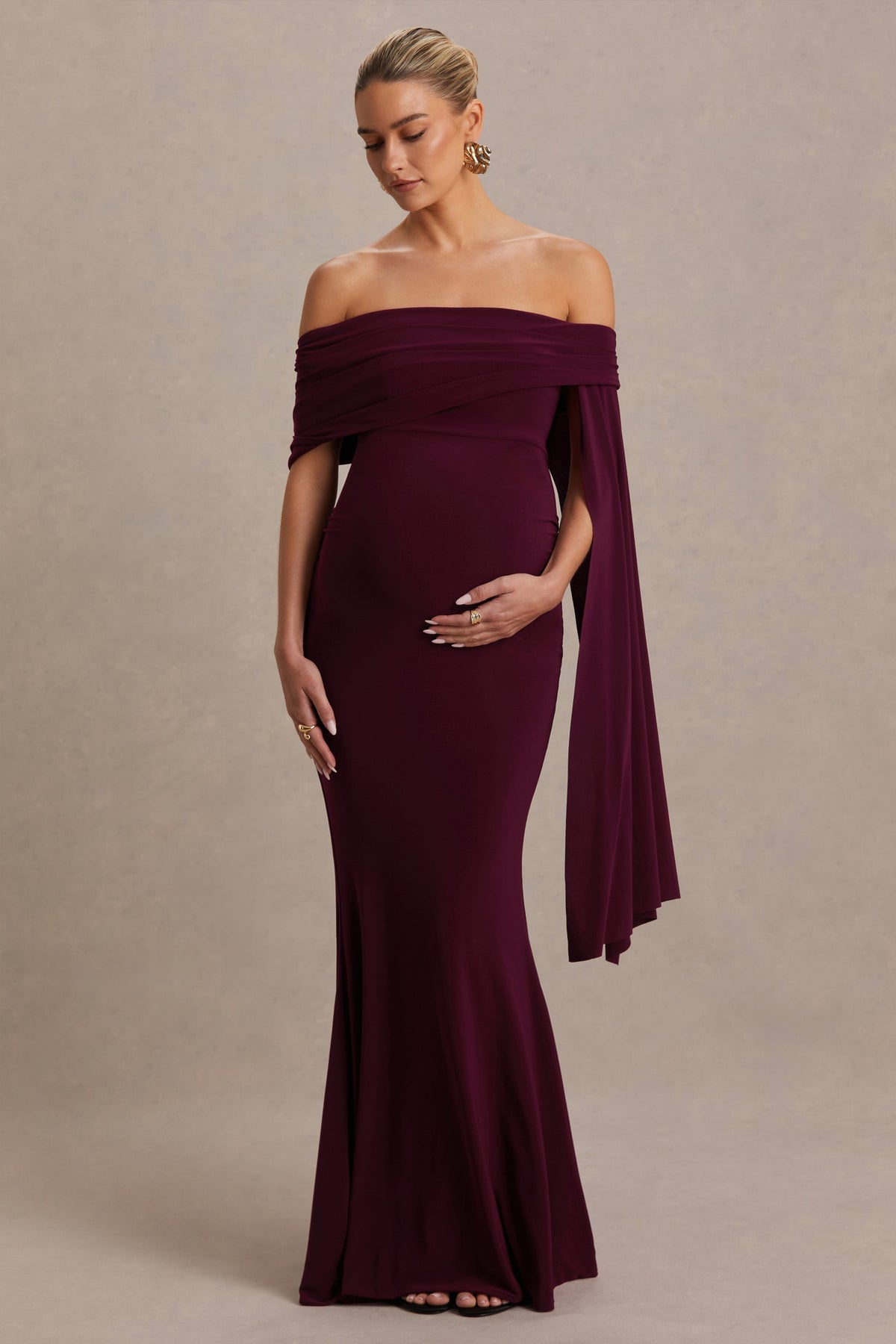 Aquila | Vestido Largo premamá burdeos con escote Bardot y manga drapeada
