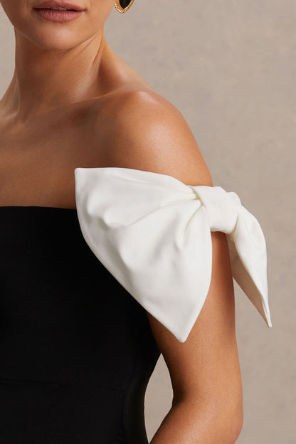 Didi | Vestido largo de premamá Negro y Blanco con Escote Bardot y Detalles de Lazo