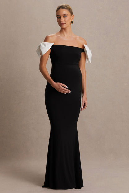 Didi | Vestido largo de premamá Negro y Blanco con Escote Bardot y Detalles de Lazo