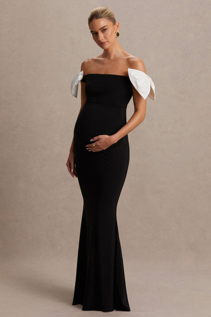 Didi | Vestido largo de premamá Negro y Blanco con Escote Bardot y Detalles de Lazo