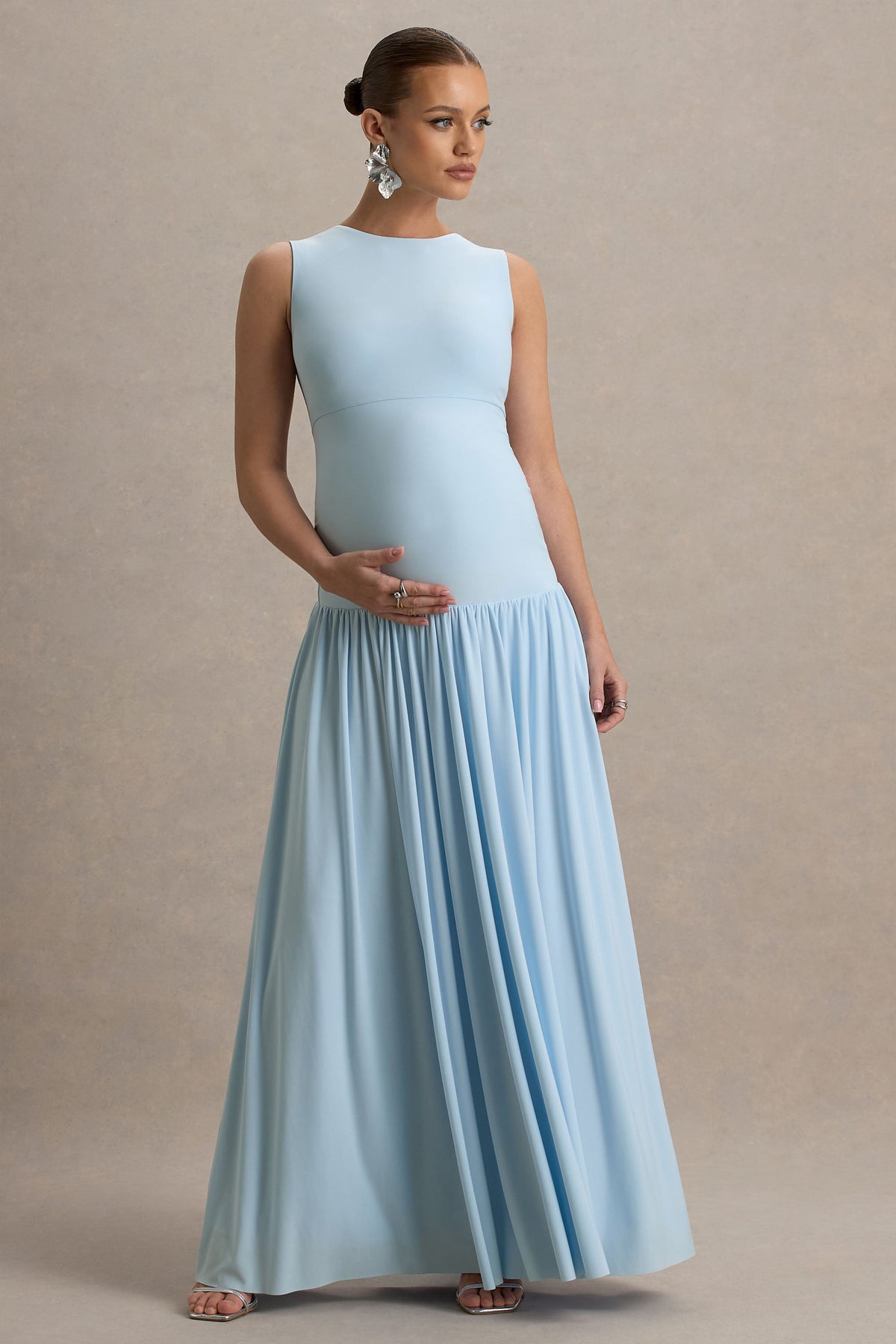 Outline | Vestido largo Premamá Azul cielo con Falda Drapeada