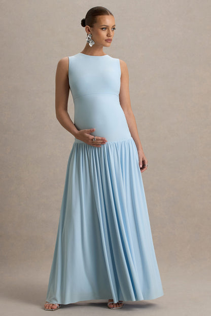 Outline | Vestido largo Premamá Azul cielo con Falda Drapeada