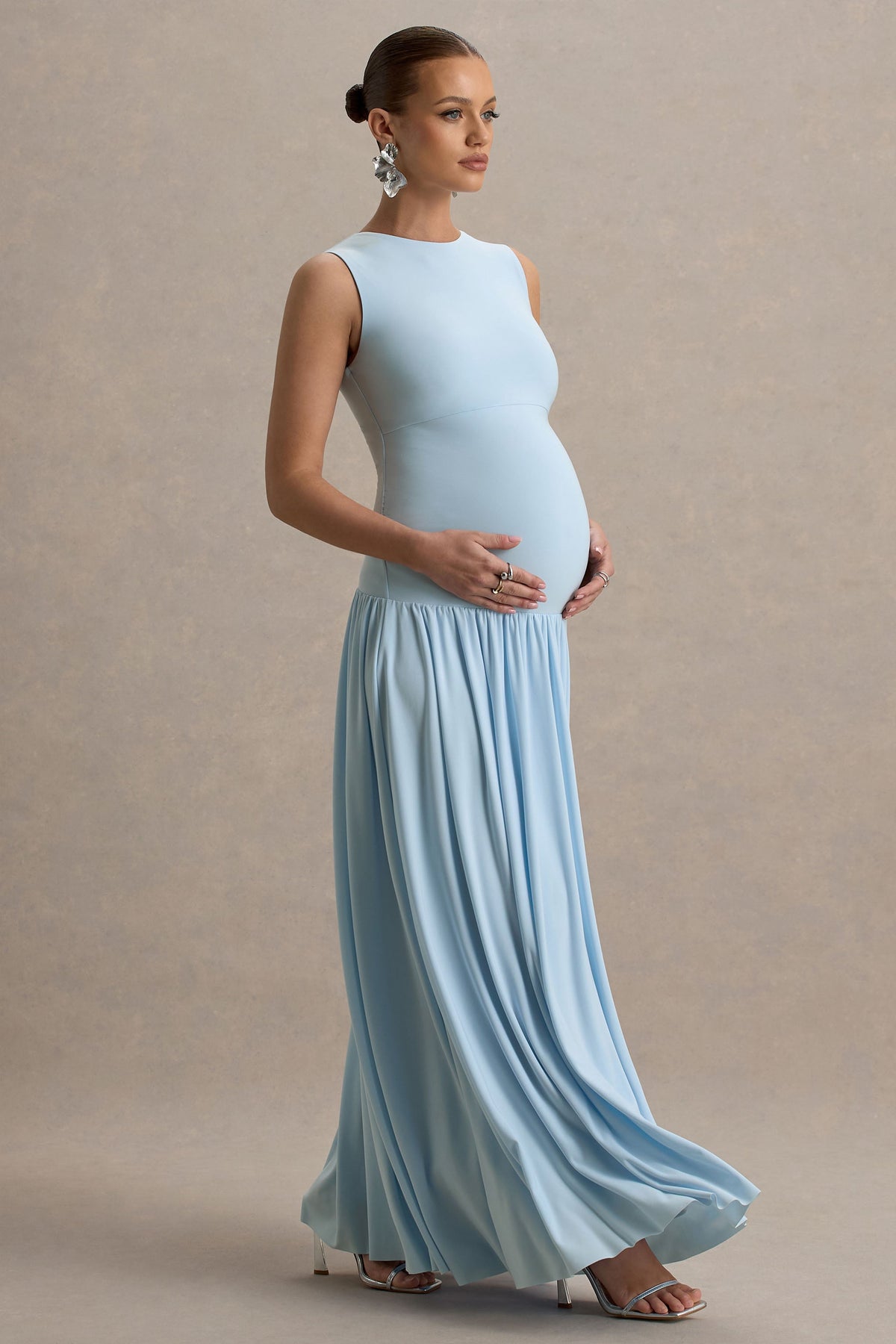 Outline | Vestido largo Premamá Azul cielo con Falda Drapeada
