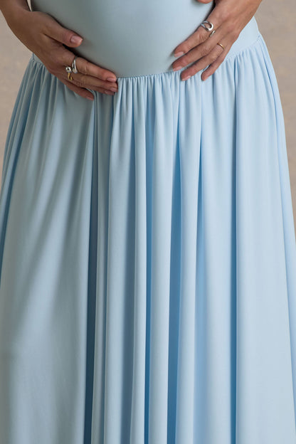 Outline | Vestido largo Premamá Azul cielo con Falda Drapeada