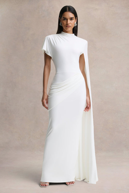 Tropic | Vestido Largo Blanco con Escote Alto, Manga Larga de Capa y Detalles Fruncidos