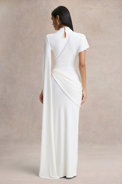 Tropic | Vestido Largo Blanco con Escote Alto, Manga Larga de Capa y Detalles Fruncidos
