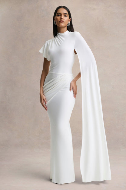 Tropic | Vestido Largo Blanco con Escote Alto, Manga Larga de Capa y Detalles Fruncidos