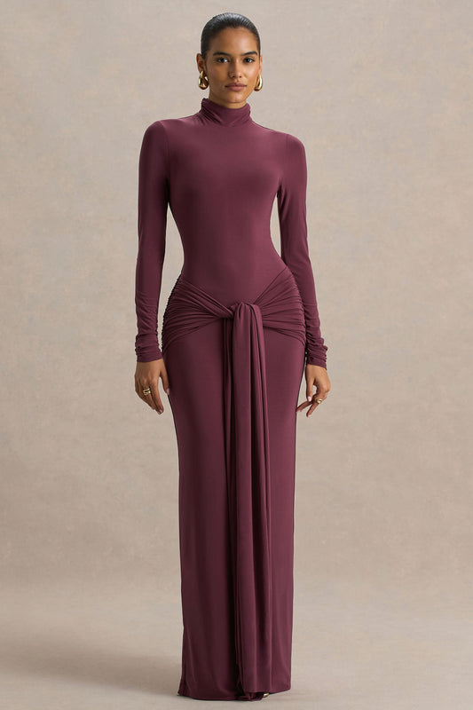 Myra | Vestido Largo Burdeos de Cuello Alto con Banda y Detalles Fruncidos