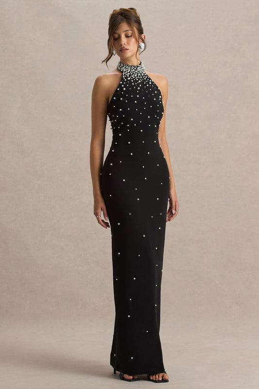 Dani | Vestido Largo Negro Con Escote Halter Y Adornos