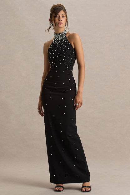 Dani | Vestido Largo Negro Con Escote Halter Y Adornos