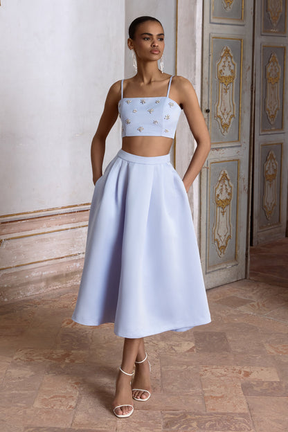 Iris | Falda Midi plisada de saten azul