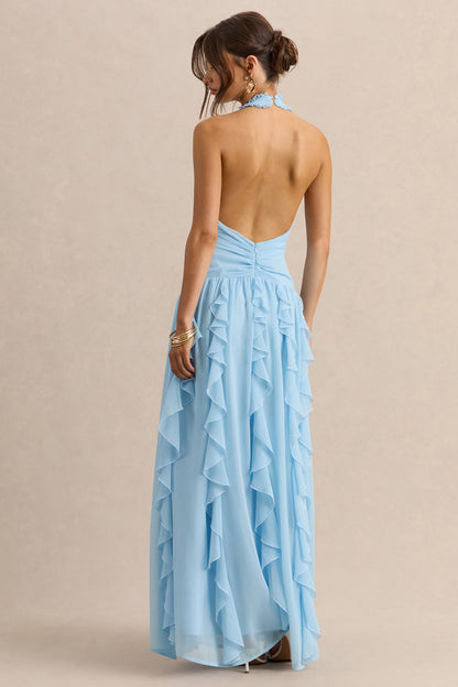 Bea | Vestido Largo Azul celeste de Escote Pronunciado con Volantes