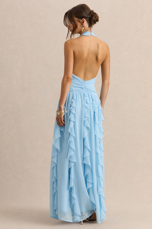 Bea | Vestido Largo Azul celeste de Escote Pronunciado con Volantes