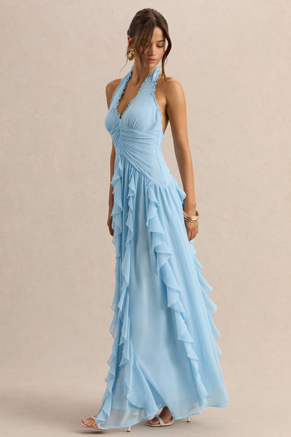 Bea | Vestido Largo Azul celeste de Escote Pronunciado con Volantes