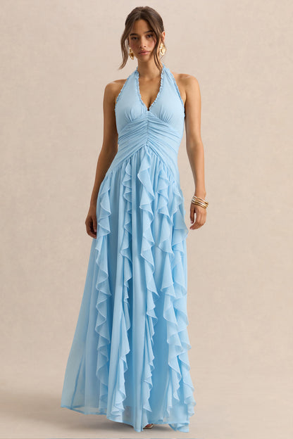 Bea | Vestido Largo Azul celeste de Escote Pronunciado con Volantes