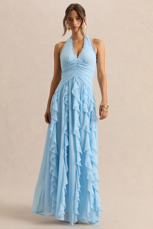 Bea | Vestido Largo Azul celeste de Escote Pronunciado con Volantes