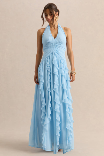 Bea | Vestido Largo Azul celeste de Escote Pronunciado con Volantes