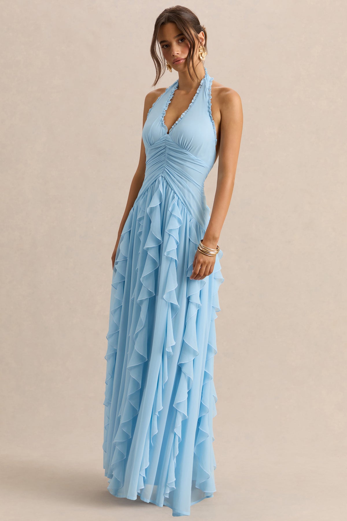 Bea | Vestido Largo Azul celeste de Escote Pronunciado con Volantes