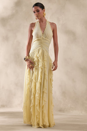 Bea | Vestido Largo Limón de Escote Pronunciado con Volantes