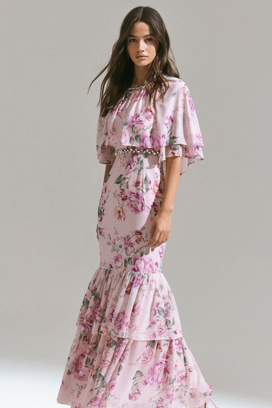 Never Let Go | Vestido Largo largo de chiffon con estampado floral rosa, mangas largas y volantes
