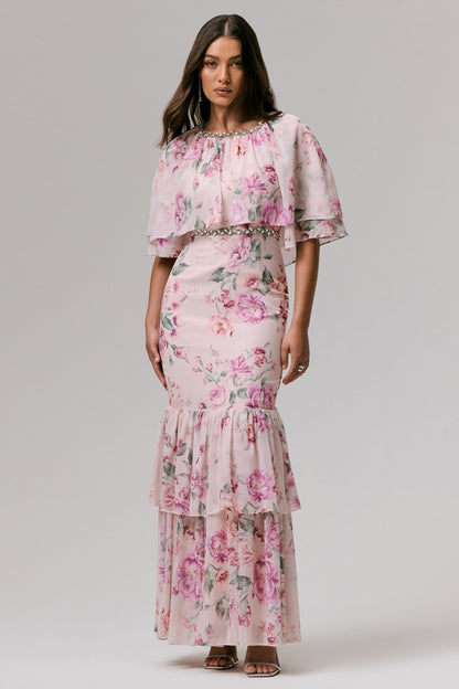 Never Let Go | Vestido Largo largo de chiffon con estampado floral rosa, mangas largas y volantes