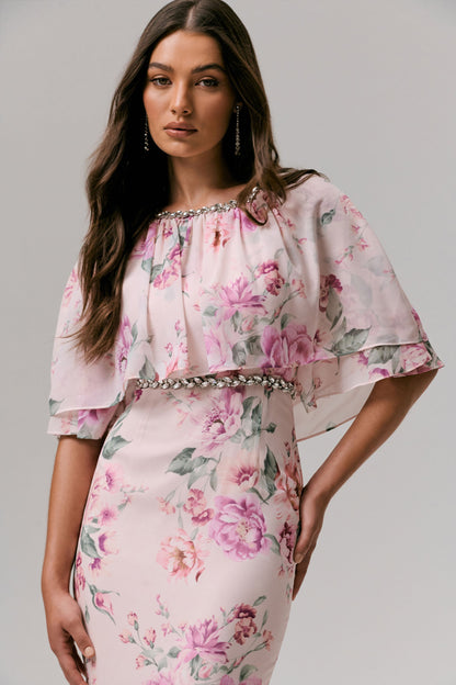 Never Let Go | Vestido Largo largo de chiffon con estampado floral rosa, mangas largas y volantes