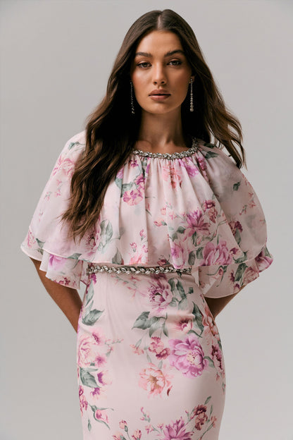 Never Let Go | Vestido Largo largo de chiffon con estampado floral rosa, mangas largas y volantes