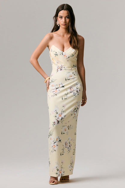 Fierce | Vestido Largo asimétrico con fruncidos y estampado limón