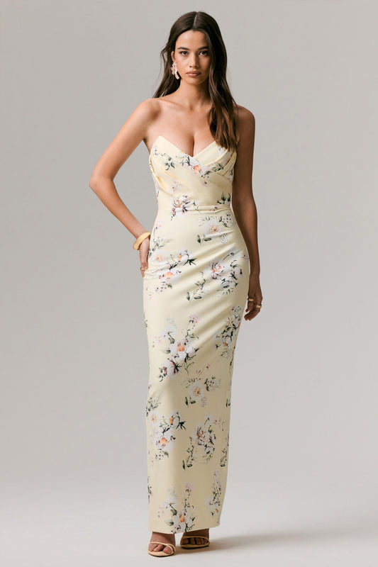 Fierce | Vestido Largo asimétrico con fruncidos y estampado limón