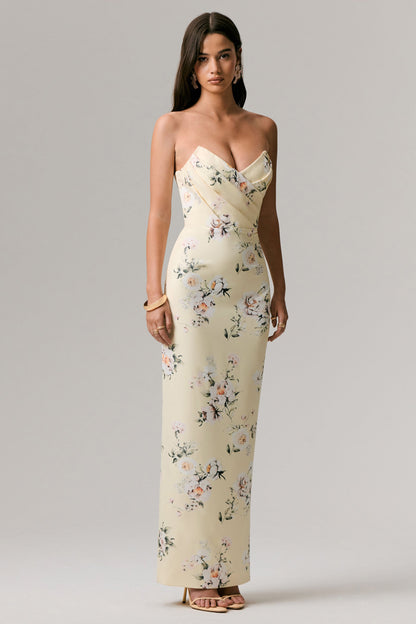 Fierce | Vestido Largo asimétrico con fruncidos y estampado limón