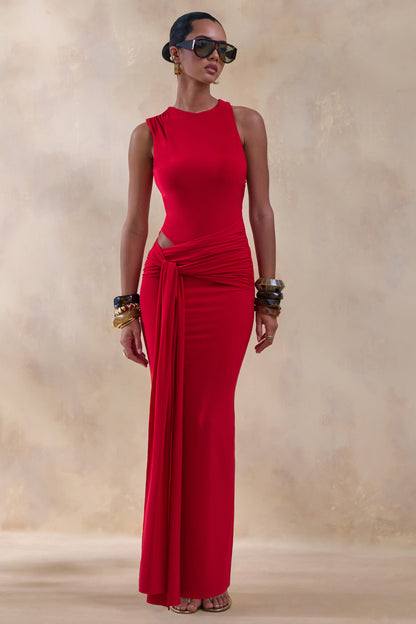Neile | Vestido largo rojo con cintura cruzada asimétrica y detalle de cinturón