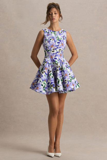 Gabrielle | Vestido Corto en Estampado Lila Púrpura con Cuello Alto y Detalle de Volantes