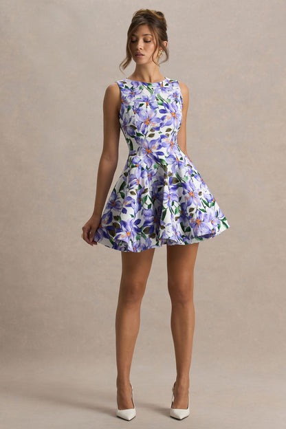 Gabrielle | Vestido Corto en Estampado Lila Púrpura con Cuello Alto y Detalle de Volantes