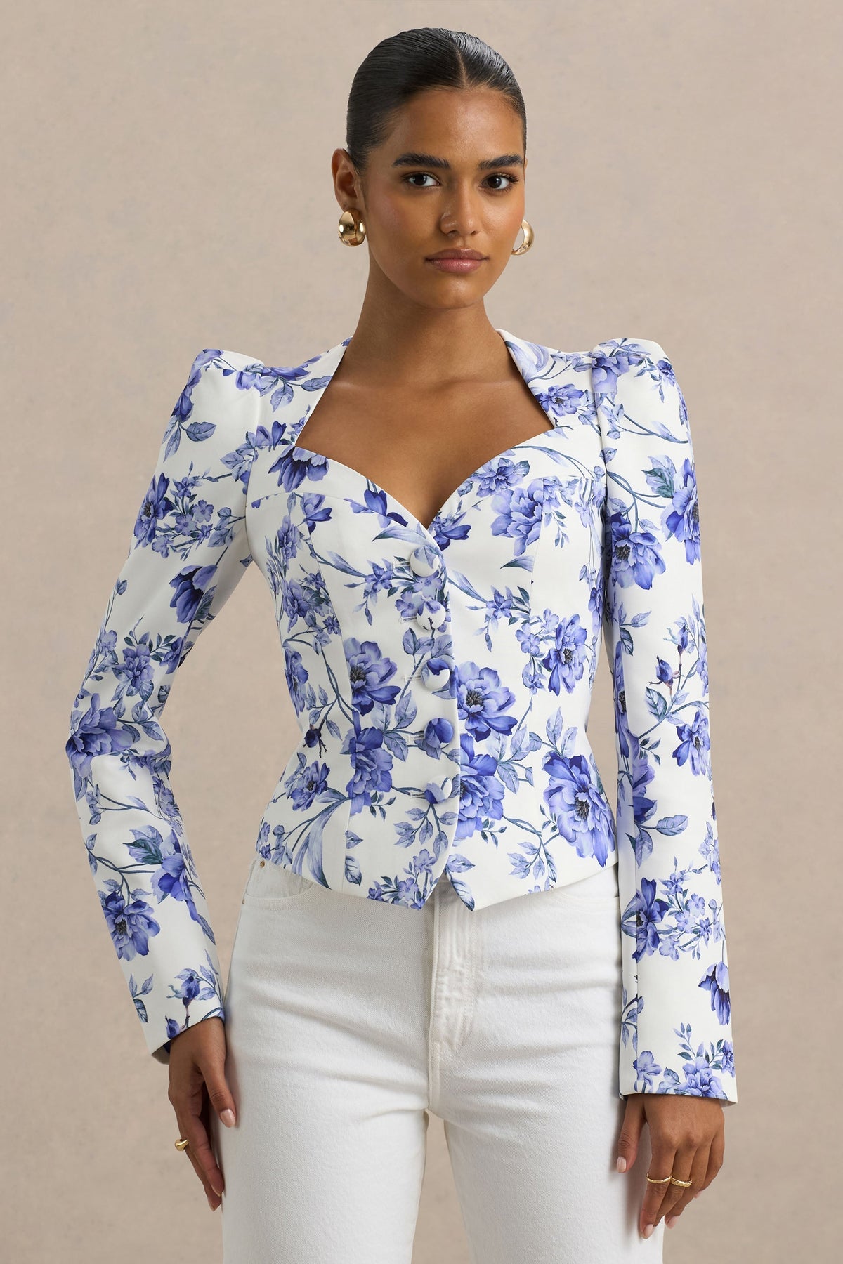 Olympia | Top con escote corazón y mangas largas de estampado floral