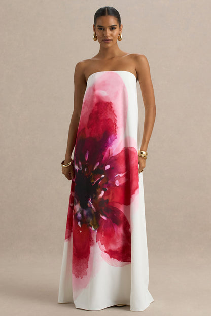 Breonna | Vestido Largo Rosa Fucsia Palabra de Honor con Estampado Floral